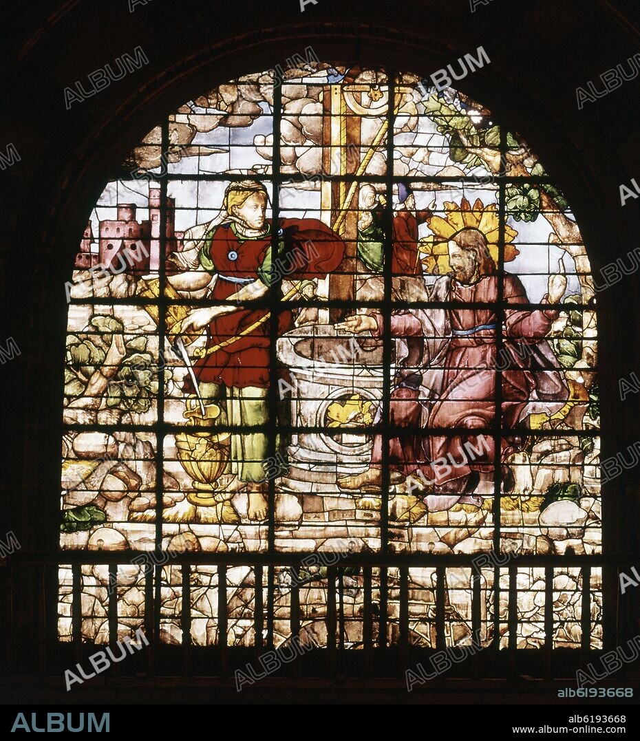 TEODORO DE HOLANDA Y JUAN DEL CAMPO-VIDRIEROS. VIDRIERA DE LA CAPILLA MAYOR DE LA CATEDRAL DE GRANADA - JESUS Y LA SAMARITANA - SIGLO XVI.