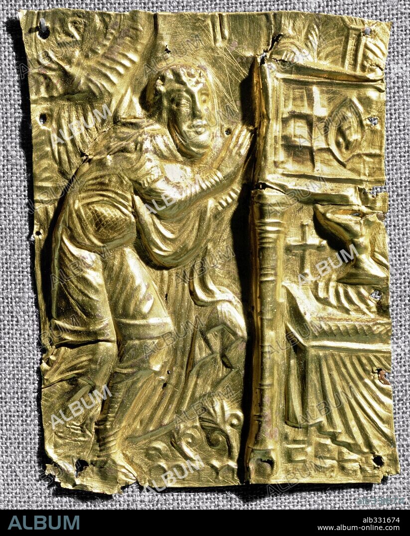 King Harald Blatan the blue tooth 910-85 proclaims his Catholic faith at Jelling Denmark 985 Gold leaf fragment.