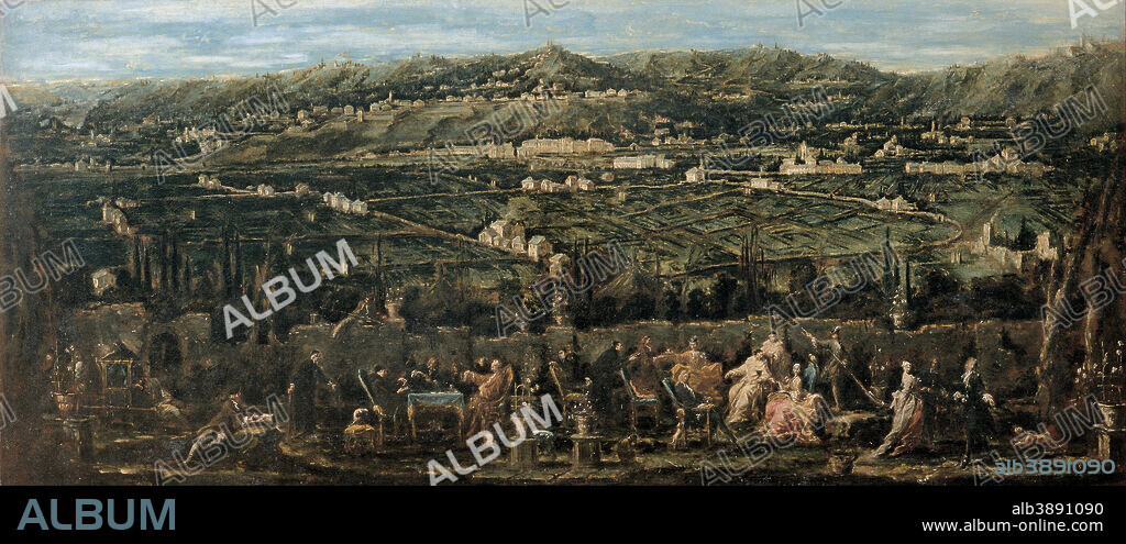 ALESSANDRO MAGNASCO. Garden Party in Albaro. Date/Period: Ca. 1740. Painting. Height: 863 mm (33.97 in); Width: 1,980 mm (77.95 in).