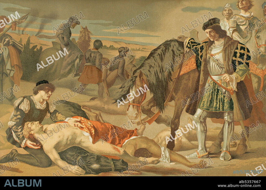 Second Italian War (1499-1504). Fight between the Spanish Empire and the kingdom of France. The Spanish army was sent to Italy by the Catholic Monarchs with the aim of recovering the kingdom of Naples, seized by France from Spain. Gonzalo Fernández de Córdoba "The Great Captain" (1453-1515) before the corpse of Louis d'Armagnac (1472-1503), Duc de Nemours, died in combat during the Battle of Ceriñola, 1503. Illustration, copy of the painting "The two caudillos" by Casado del Alisal. Chromolithography. Historia General de España (General History of Spain), by Miguel Morayta. Volume III. Madrid, 1890.