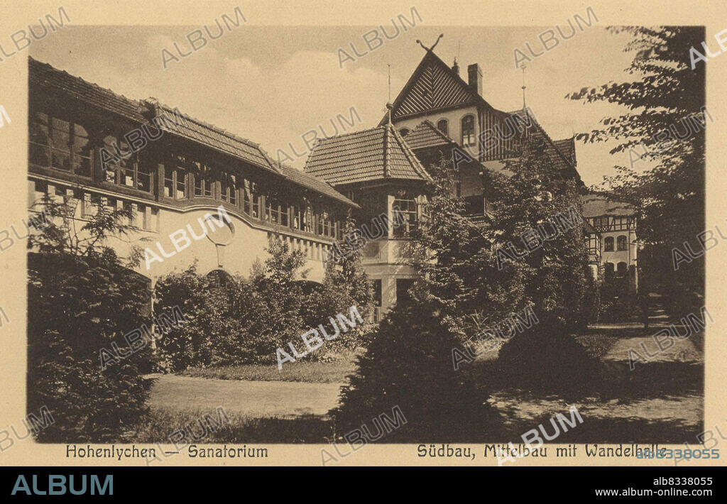 Sanatorium in Hohenlychen, Landkreis Uckermark im Norden von Brandenburg, Deutschland, Ansicht um ca 1910, digitale Reproduktion einer historischen Postkarte, public domain, aus der damaligen Zeit, genaues Datum unbekannt.