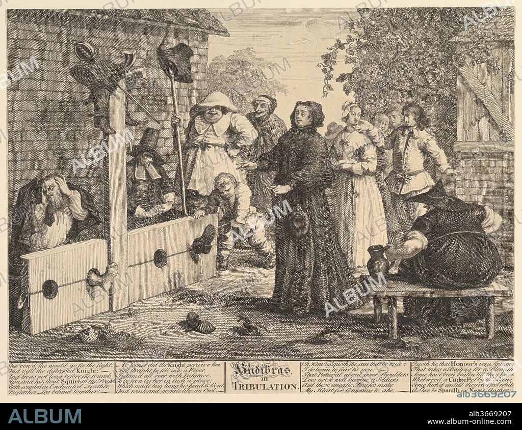 Hudibras in Tribulation (Twelve Large Illustrations for Saumel Butler's Hudibras, Plate 6). Artist: William Hogarth (British, London 1697-1764 London). Author: Illustrates Samuel Butler (British, baptized Strensham, Worcestershire 1613-1680 Covent Garden). Dimensions: sheet: 10 x 13 1/16 in. (25.4 x 33.2 cm) (trimmed within platemark). Publisher: Philip Overton (British, active from 1707, died 1744); John Cooper (London). Date: February 1725-26.