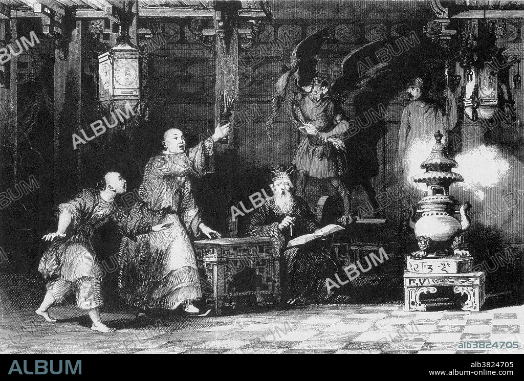 Kau Cim is a fortune telling practice that originated in China in which the querent  requests answers from a sacred oracle lot. The practice is often performed in a Taoist or Buddhist temple in front of an altar. The prediction begins with the cup storing a number of the sticks. The shaking of the cylinder, which is usually tipped slightly downward, results in at least one stick leaving the cylinder and being dropped onto the floor. Each stick, with its designated number, represents one answer. When a single stick falls out, the number will correspond to one of the hundred written oracles with an answer on it. The writing on the piece of paper will provide an answer to the question. Answers can be interpreted by a temple priest or volunteers or can be self-interpreted by the querent. Image appeared in "China Illustrated" by Thomas Allom, 1845.