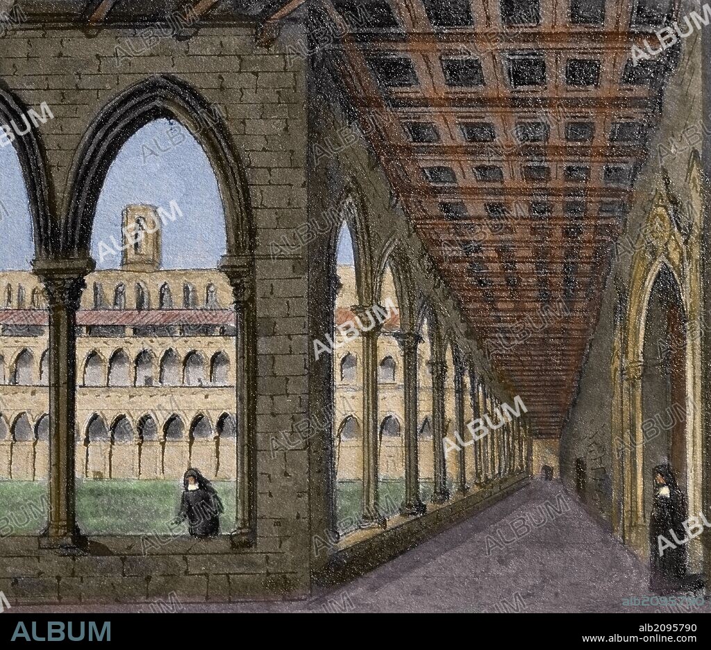 BARCELONA. "MONASTERIO DE PEDRALBES. CLAUSTRO". Grabado de la primera mitad del siglo XIX. Dibujo de G. Mosteyrin. Coloreado.
