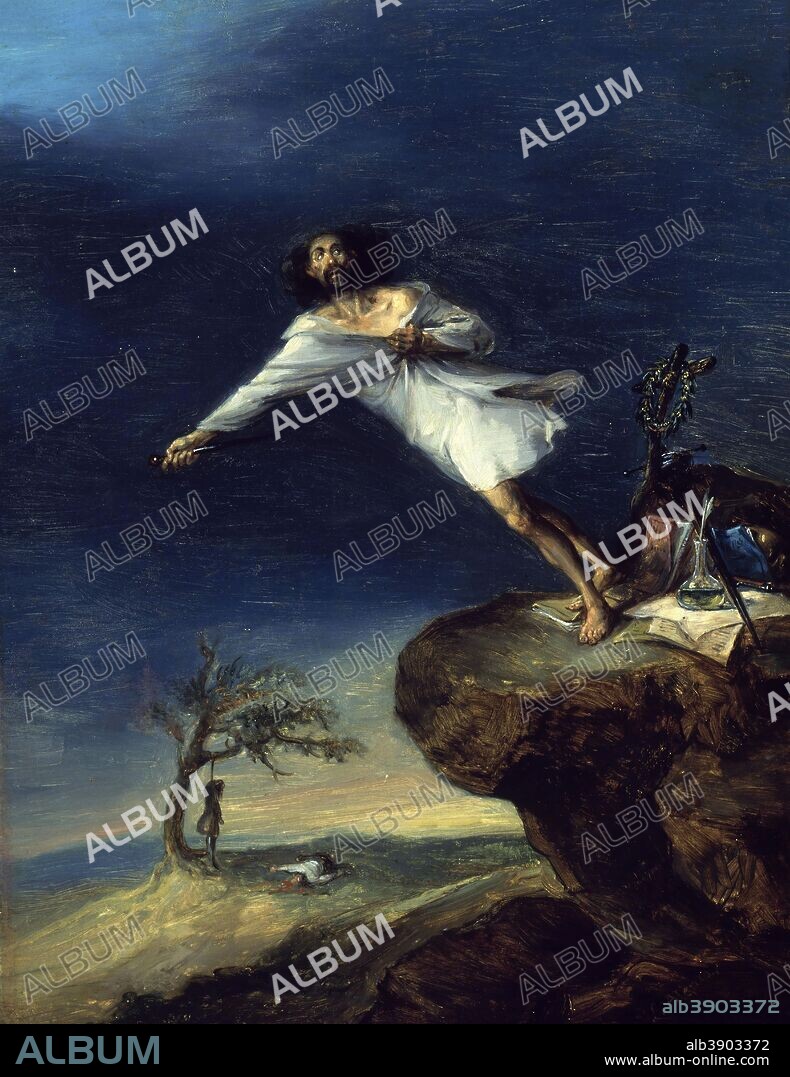 LEONARDO ALENZA Y NIETO. Satire of Romantic Suicide. Date/Period: 1839. Painting. Oil on canvas. Width: 28.5 cm. Height: 36.5 cm (Without frame).