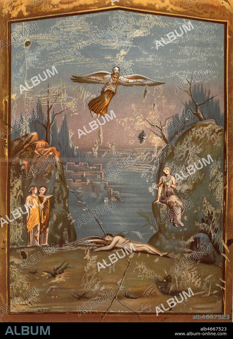 DEDALE et ICARE. Reproduction d'une fresque de Pompei. Gravure tiree de l'encyclopedie allemande Deukmaler des klassichen altertumus, publiee en 1887. Credit : Collection Grob/KHARBINE-TAPABOR.