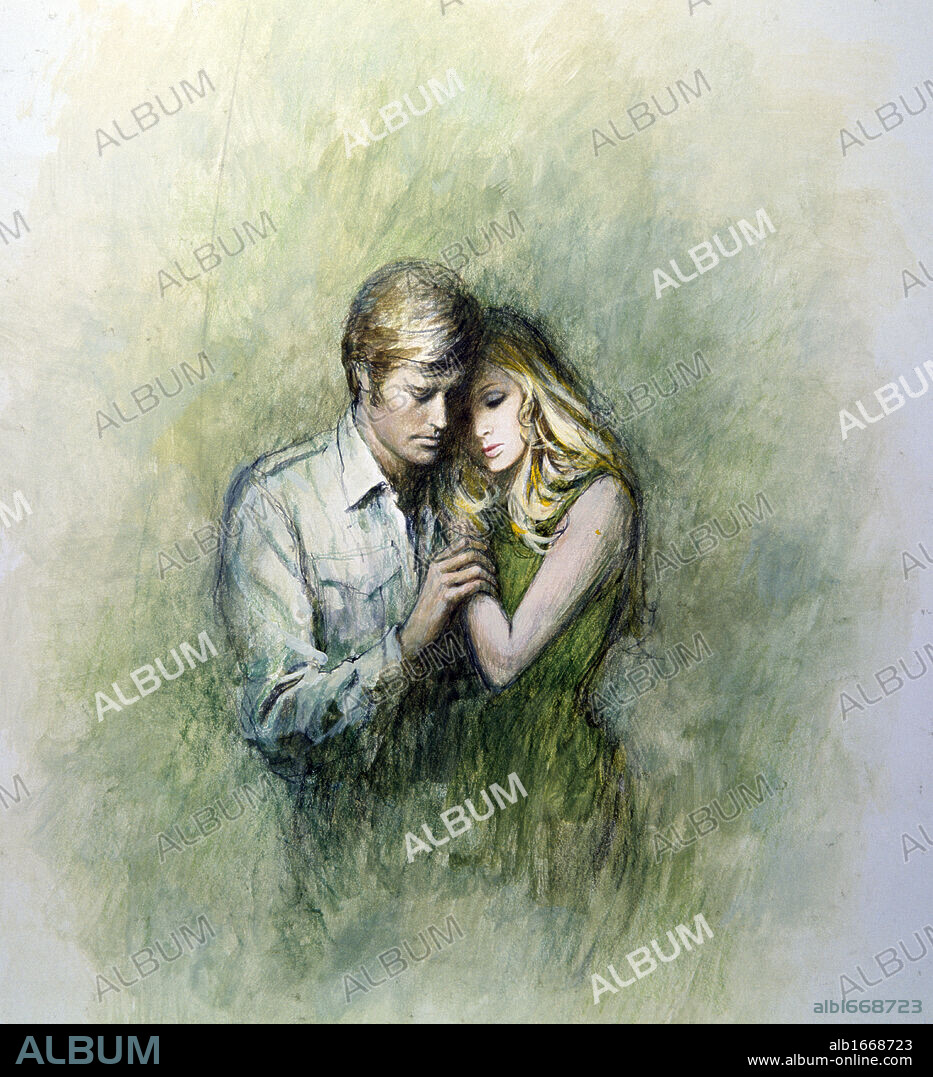 Painting of couple cuddling.