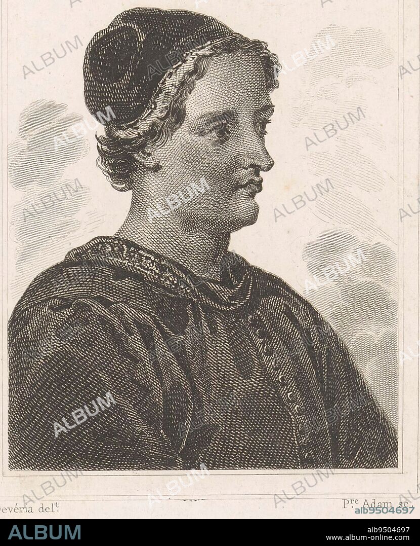 Portrait of Jacques Coeur, Pierre Michel Adam, after Achille Devéria, 1810 - 1853, print maker: Pierre Michel Adam, (mentioned on object), intermediary draughtsman: Achille Devéria, (mentioned on object), France, 1810 - 1853, paper, etching, engraving, h 210 mm - w 145 mm.