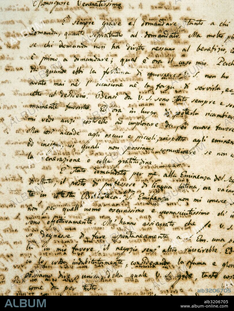 LEOPARDI, Giacomo (Recanati, 1798-Nápoles, 1837). Poeta italiano. Carta autógrafa a monseñor Angelo Mai, primer guardián de la Biblioteca Vaticana. Fol 42r. (1821). Biblioteca Apostólica Vaticana. Ciudad del Vaticano.