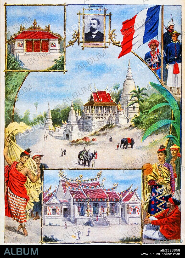 Illustration showing the French Indo-China (Vietnam, Laos, Cambodia) colonial Pavilion with a portrait of Paul Doumer, Governor-General of French Indochina from 1897 to 1902. inset; at the Exposition Universelle of 1900. This was a fair held in Paris, France, from 14 April to 12 November 1900, to celebrate the achievements of the past century and to accelerate development into the next.