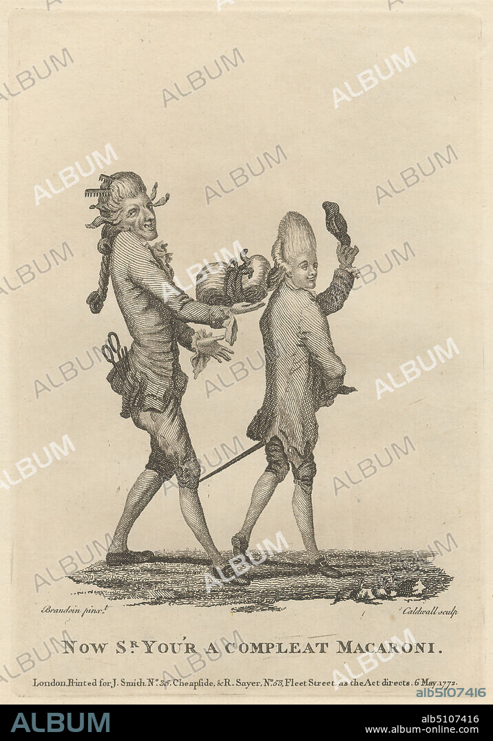 Now Sir, You're a Complete Macaroni, Print made by James Caldwall, 17391819, British, after Michel Vincent Brandoin, 17331807, Swiss, Published by Robert Sayer, 17251794, British, and John Smith of Cheapside, active ca. 17501789, British, 1772, Line engraving, stipple engraving, and etching on moderately thick, moderately textured, cream laid paper, Sheet: 11 1/8 x 8 1/8 inches (28.2 x 20.7 cm), Plate: 7 15/16 x 5 1/2 inches (20.2 x 13.9 cm), and Image: 5 1/8 x 4 1/2 inches (13 x 11.5 cm), barber, bows (costume accessories), breeches (trousers), caricature, coats, combs, costume, cravats, fashion, genre subject, hairdressers, hairstyles, humor, macaronis, men, parody, pockets (costume components), pompadour, queue wig, satire, scissors, staff (walking stick), sword, tie-wig, waistcoats, wigs.
