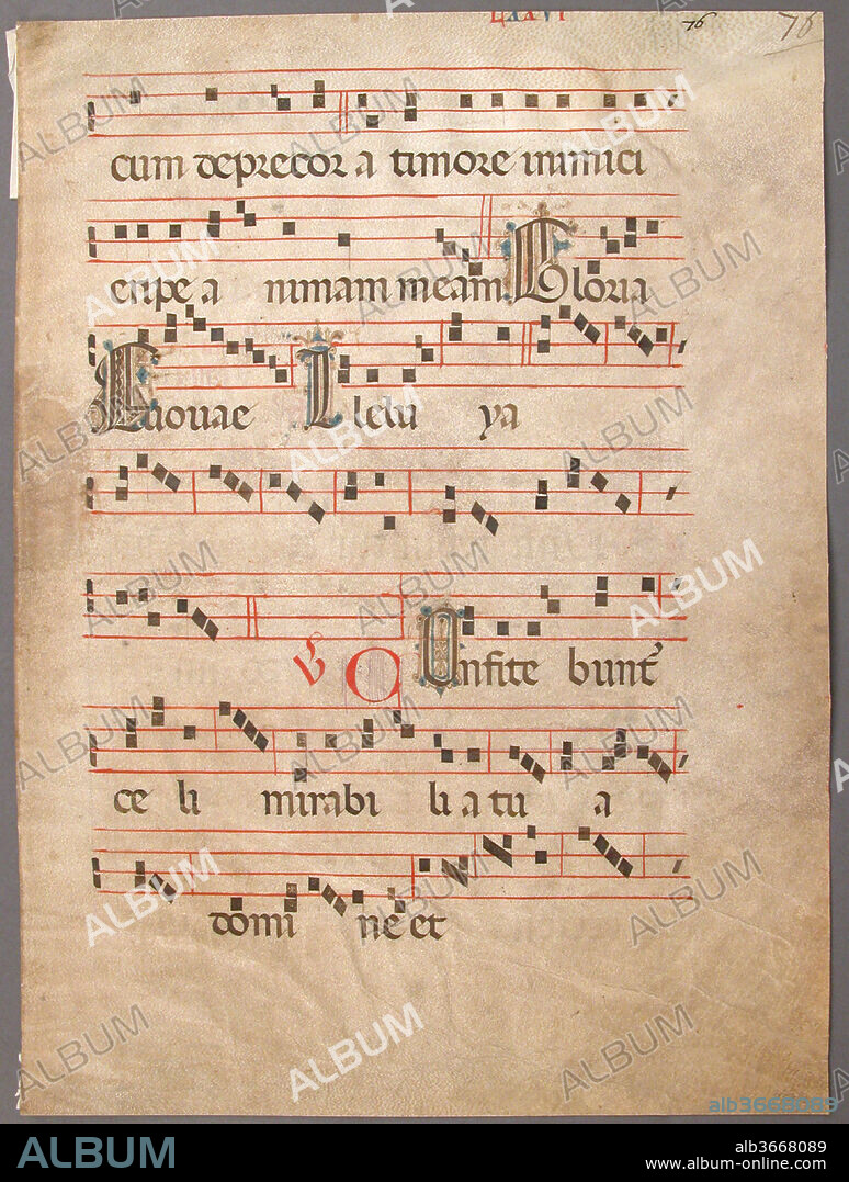 Manuscript Leaf, from a Gradual. Culture: Italian. Dimensions: Overall: 18 11/16 x 13 3/4 in. (47.4 x 34.9 cm)
Study mat size: 21 7/8 x 16 in. (55.6 x 40.6 cm). Date: first half 14th century.