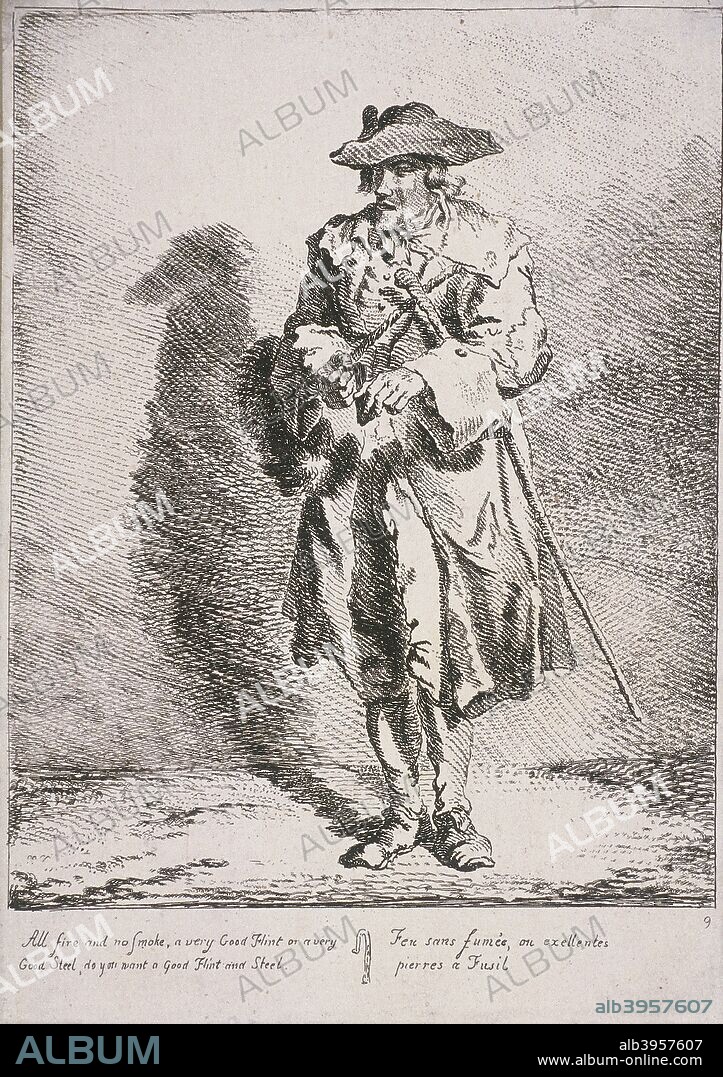 Flint and steel seller, 1760. A seller of flint and steel cries his wares. They are good quality: 'All fire and no Smoke', (for use in lighting fires). From Cries of London, 1760.