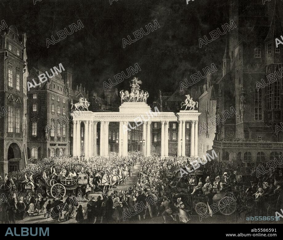 Ferdinand Ier, empereur d'Autriche, 1793-1875. - Couronnement du roi de Bohême le 7 septembre 1836 à Prague :. Porte de Triomphe devant l'hôtel de ville de la vieille ville. - Lithographie au crayon, d'époque, d'Eduard Gurk (1801-1841).
