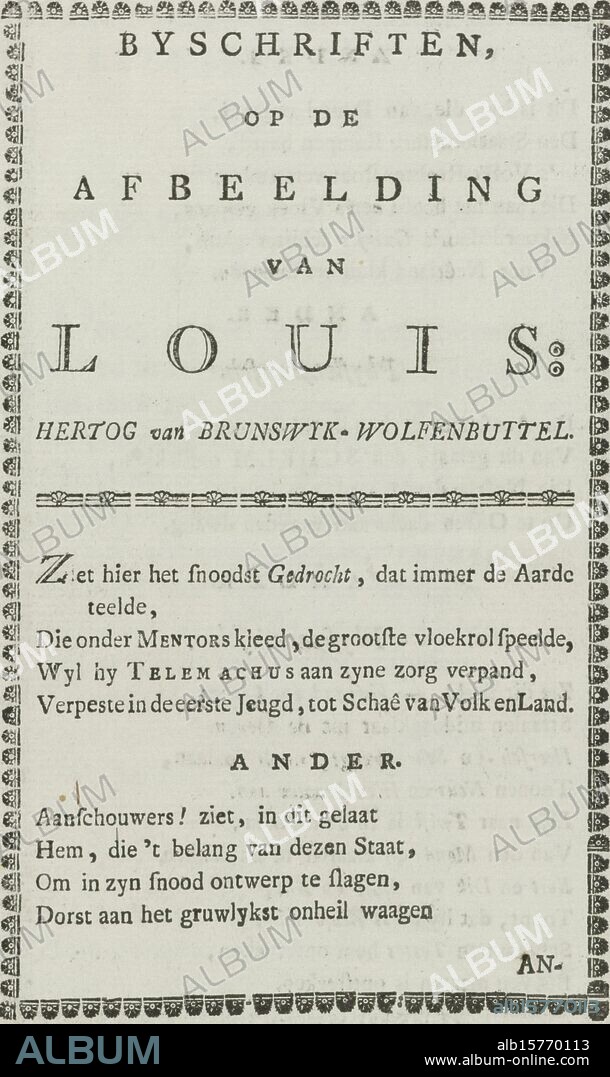 Mocking verses on the portrait of the Duke of Brunswick, 1782-1783, Byscripts, on the Image of Louis: Duke of Brunswyk-Wolfenbuttel (title on object), Text sheet with mocking verses on the portrait of the Duke of Brunswick, ca. 1782-1783 . Folded sheet printed with verses on all sides. The last verse refers to the prince's next birthday, March 11, 1783., text sheet, anonymous, Northern Netherlands, 1782 - 1783, paper, letterpress printing, height, 190 mm × width, 125 mm.
