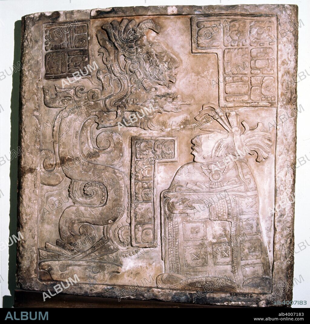 Mexican Serpent, God and Priest, Pre-Columbian, Maya Culture, 770. Carved limestone lintel with glyphs and a scene representing Lady Wak Tuun, during a bloodletting rite.  Vision Serpent depicted on lintel 15 from Yaxchilan. British Museum.