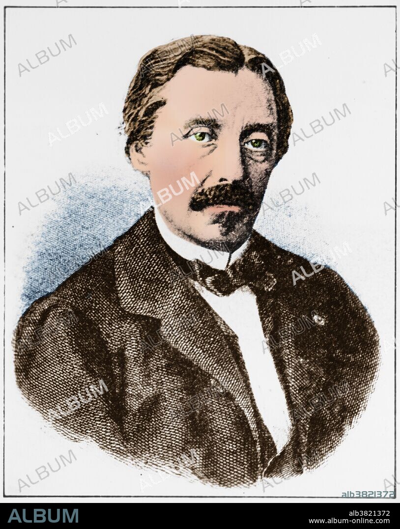 Jean Bernard Leon Foucault (September 18, 1819 - February 11, 1868), French physicist. He is best known for his demonstration of Foucault's pendulum, a device demonstrating the effect of the Earth's rotation by showing the rotation of the plane of oscillation of a long and heavy pendulum suspended from the roof of the Pantheon, Paris. This image has been color enhanced.