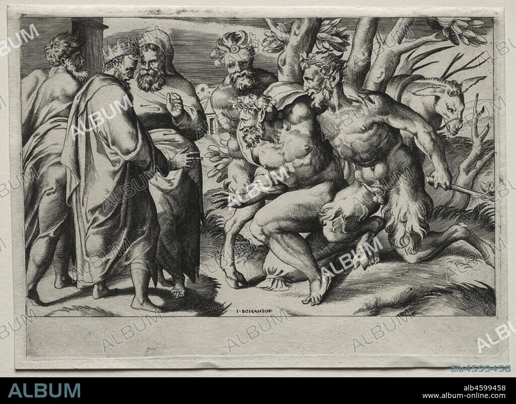Silenus and King Midas, mid 16th century. In Greek mythology Silenus was an old, drunken satyr (half-man, half-goat), who visited King Midas and was graciously received. In gratitude for Midas's generous hospitality, Dionysus, the god of wine and former pupil of Silenus, granted the king one wish. Midas asked for the power to turn everything that he touched into gold. However, he soon regretted his choice, for he was unable to eat food or drink water, as they also turned to gold. Finally, Dionysus released him from the enchantment.