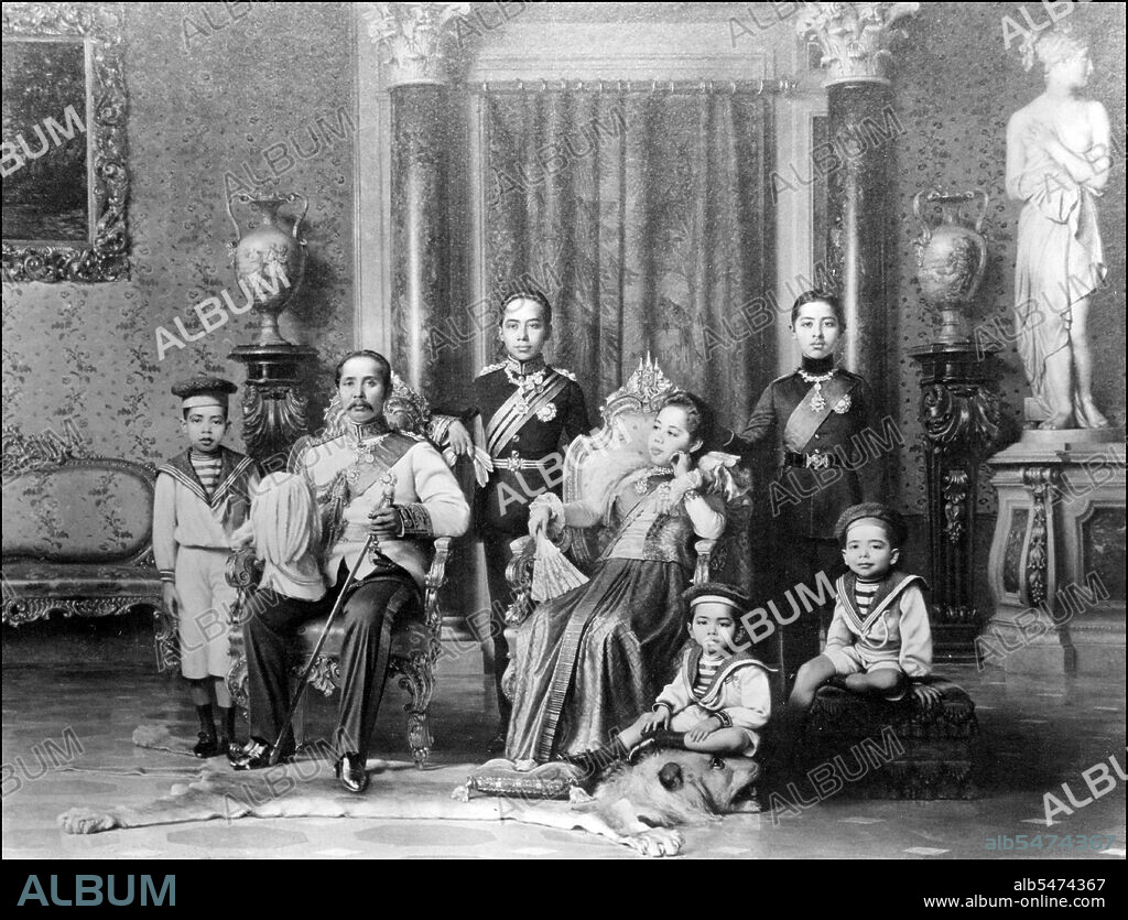 Phra Bat Somdet Phra Poramintharamaha Chulalongkorn Phra Chunla Chom Klao Chao Yu Hua, or Rama V (20 September 1853 – 23 October 1910) was the fifth monarch of Siam under the House of Chakri. He is considered one of the greatest kings of Siam. His reign was characterized by the modernization of Siam, immense government and social reforms, and territorial cessions to the British Empire and French Indochina. As Siam was threatened by Western expansionism, Chulalongkorn, through his policies and acts, managed to save Siam from being colonized. All his reforms were dedicated to Siam’s insurance of survival in the midst of Western colonialism, so that Chulalongkorn earned the epithet Phra Piya Maharat ( Great Beloved King). He is seen here with Queen Saowabha (1878-1910) who bore him nine children.
