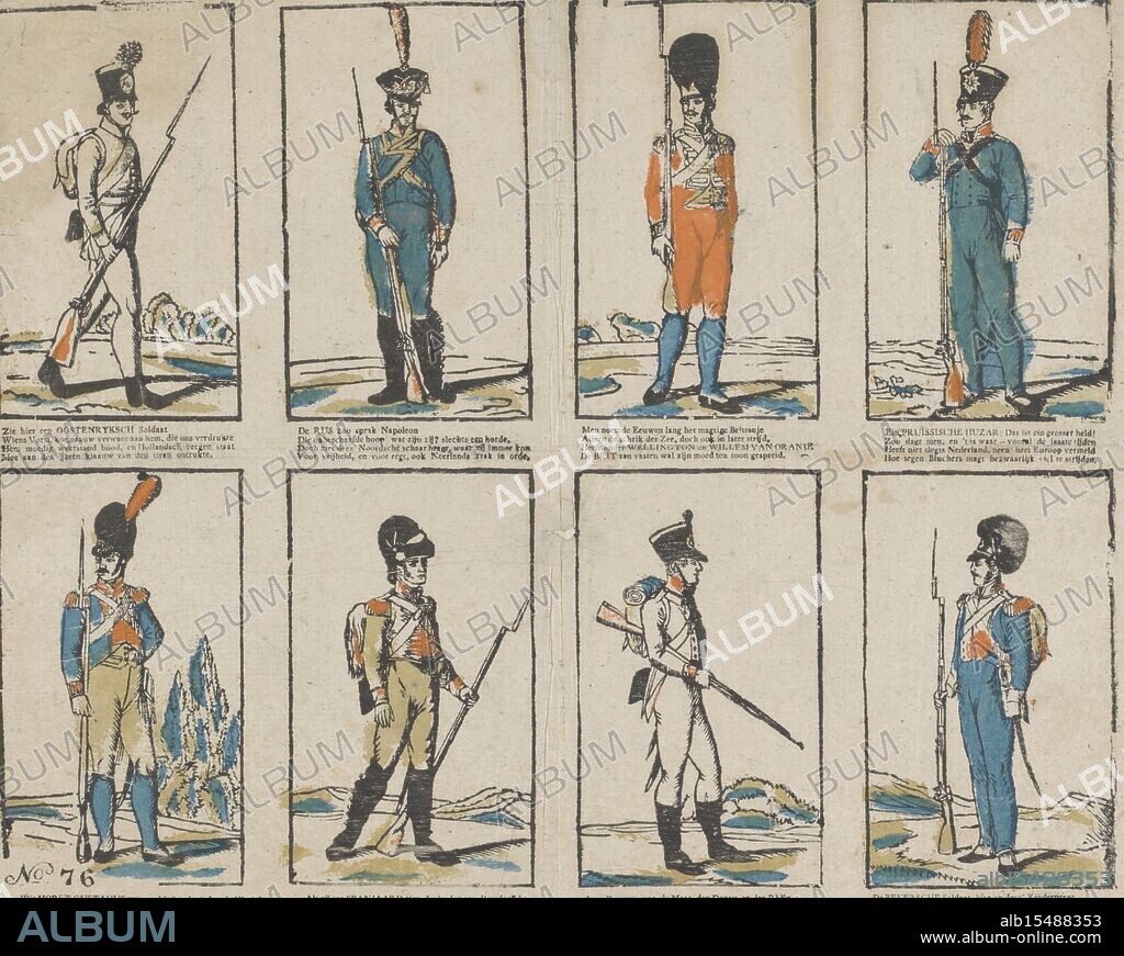 Netherlands, Amsterdam, Wijsmuller, Erve, Geen held, zo dapper, kloek en groot, Of wenscht zich eenen ally, verso - stamped, Sheet with 8 representations of soldiers of different nationalities. Below each image a four-line verse. Numbered lower left: No. 76., print, prent, volksprent, prints, prenten, volksprenten, verso - gestempeld, height 320 mm, width 429 mm, Dutch, seller, 1828 - 1913, paper, papier, woodcut, colours, letterpress printing, Publication (Event), Publicatie, publisher, uitgever, print maker, prentmaker.
