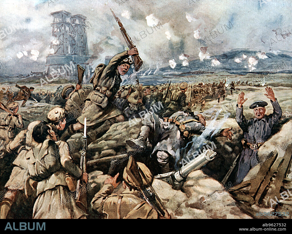 Battle of Loos, France, World War I, 1915. Scottish regiments charging and overwhelming German trenches. The Battle of Loos was a major British offensive on the Western Front, which began on September 25 1915. After early successes, supply and communications problems and a stiffening of German resistance meant that the advance ground to a halt. The battle ended on September 28 when the British retreated to their original positions having suffered some 50,000 casualties.