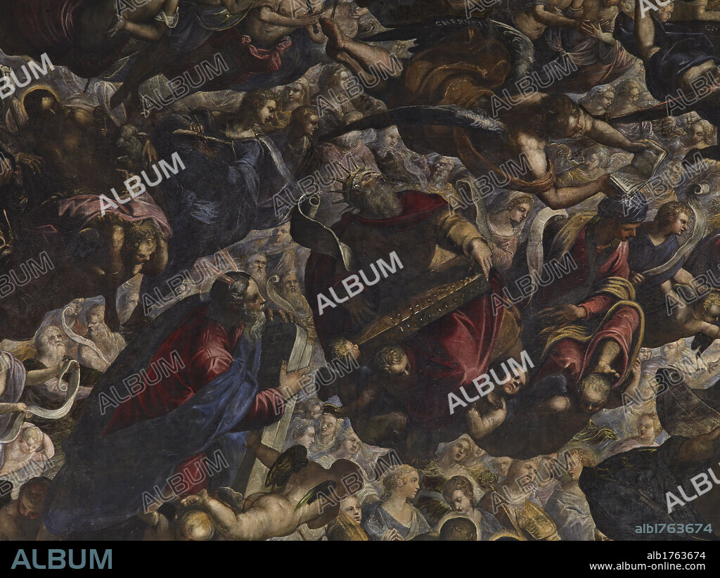  Heaven, by Jacopo Robusti known as Tintoretto, 1588-1592 about, 16th Century, oil on canvas, cm 700 x 2200. Italy, Veneto, Venice, Doges Palace. Detail. Saints blessed angels scrolls cartouches draperies figures, Photographic Campaign 2010.