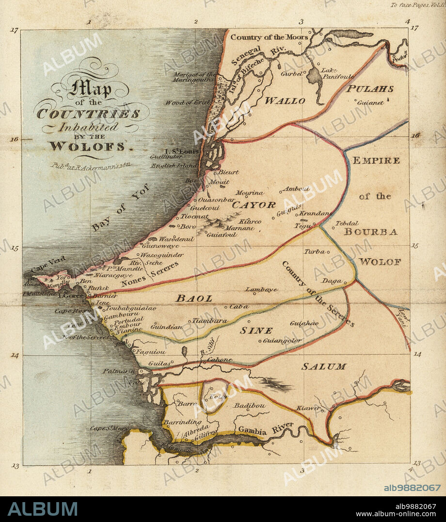 Map of the Jolof or Wolof Empire on the west coast of Africa. Shows Waalo, Kayor, Baol, Sine and Saloum areas, the Senegal and Gambia rivers, and the slave island of Goree. Map of the countres of inhabited by the Wolofs. After Rene Claude Geoffroy de Villeneuves LAfrique, Paris, 1814. Handcoloured stipple copperplate engraving from Frederic Shoberls The World in Miniature: Africa, A description of the manners and customs Moors of the Sahara and of the Negro Nations, R. Ackermann, England, 1821.