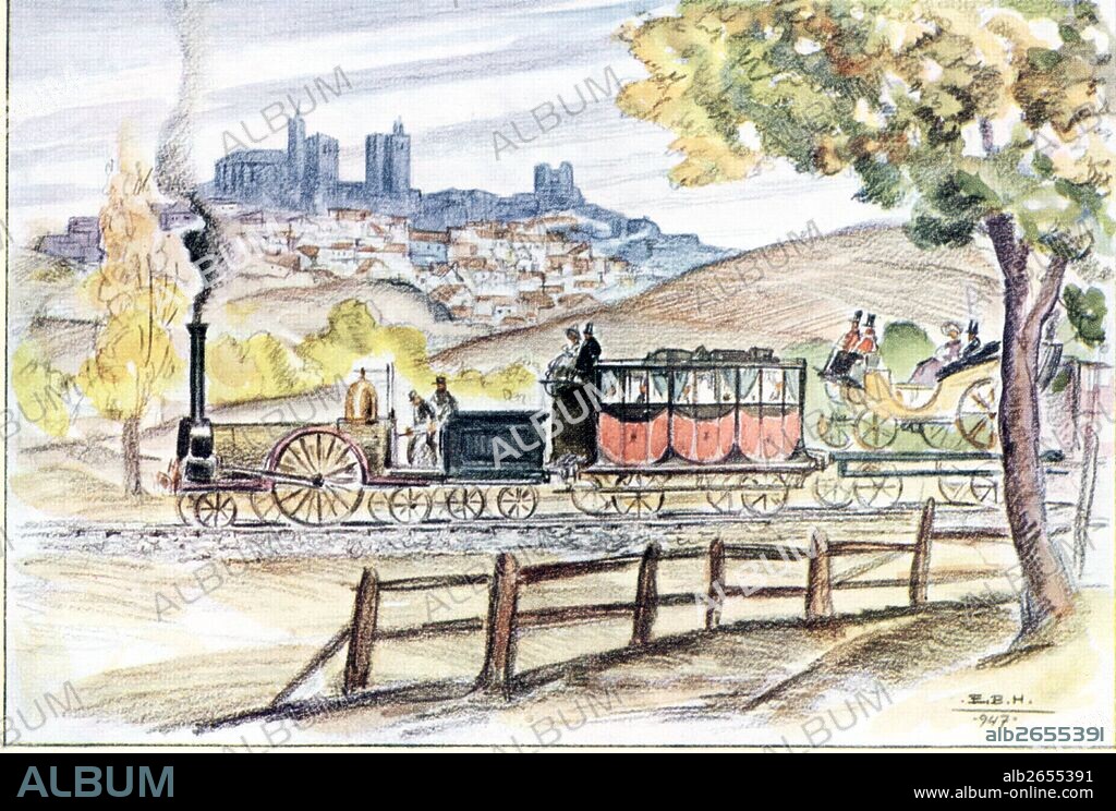 ENRIQUE BRAÑEZ DE HOYOS. Tren inaugural de la linea de Madrid a Zaragoza en el año 1859, a su paso por Sigüenza. Dibujo de 1947.