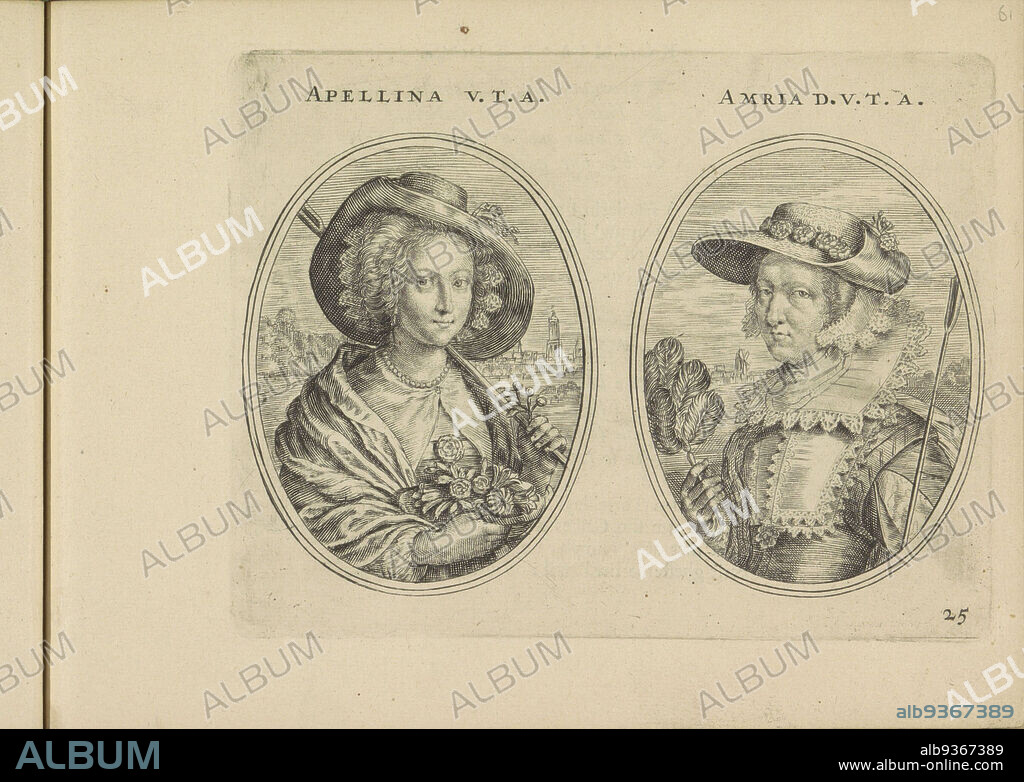Portraits of Magdalena van de Passe and an unknown woman, both as shepherdess, Apellina V.T.A., Amria D.V.T.A. (title on object), Les vrais pourtraits de quelques unes des plus grandes dames de la chrestiente desguisees en bergeres. (series title), Two representations on an album leaf. On the left the portrait of Magdalena van de Passe as Apellina V.T.A. On the right an unknown woman as Amria D.V.T.A. The women have a shepherd's staff in their hands. In the background respectively a city view (the Dom tower?) and a windmill. Numbered at the bottom: 25. The sheet is part of an album., print maker: Crispijn van de Passe (II), publisher: Crispijn van de Passe (II), Amsterdam, 1640, paper, engraving, height 112 mm × width 146 mm.