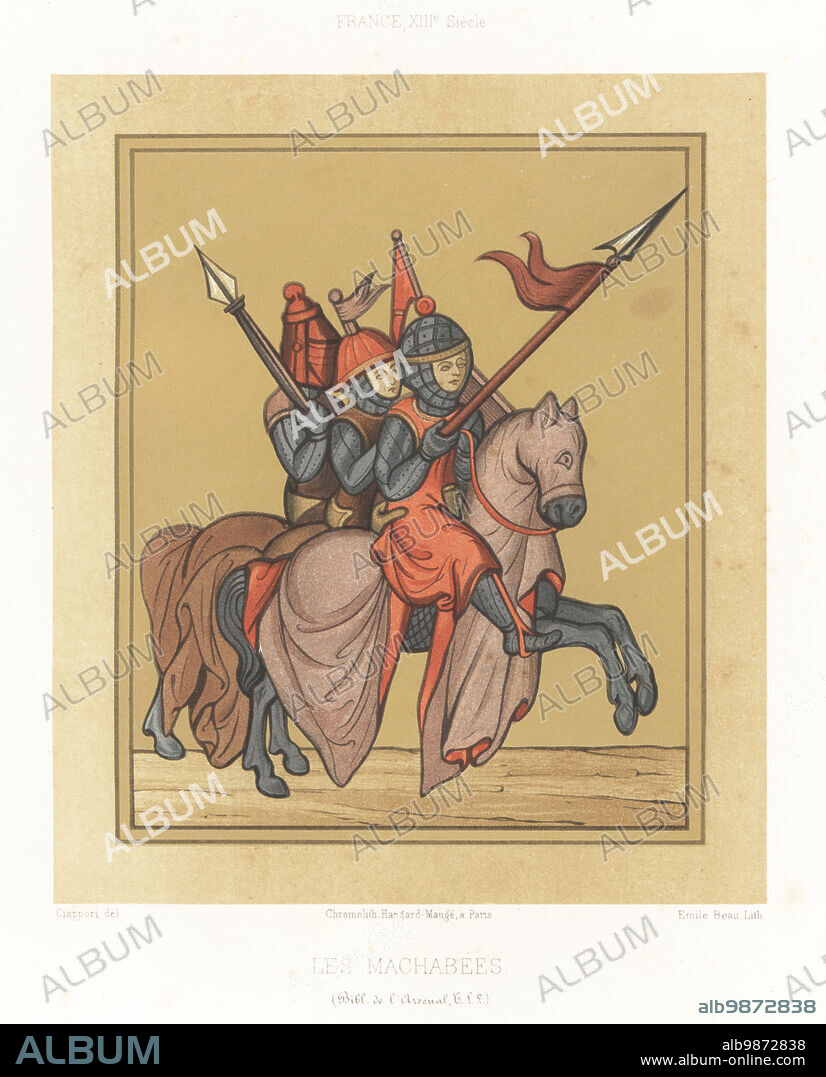 Maccabees in armour on horseback, 13th century. Three sons of Mathathias in the Maccabean Revolt, 2nd century. Judas Maccabeus in visor helmet with mace, others in conical helmets, chainmail armour, riding caparisoned horses. From the Book of Maccabees in a manuscript Bible, MS T.L.2, Bibliotheque de l'Arsenal. Les Machabees, France, XIIIe Siecle. Chromolithograph by Emile Beau after an illustration by Claudius Joseph Ciappori from Charles Louandres Les Arts Somptuaires, The Sumptuary Arts, Hangard-Mauge, Paris, 1858.