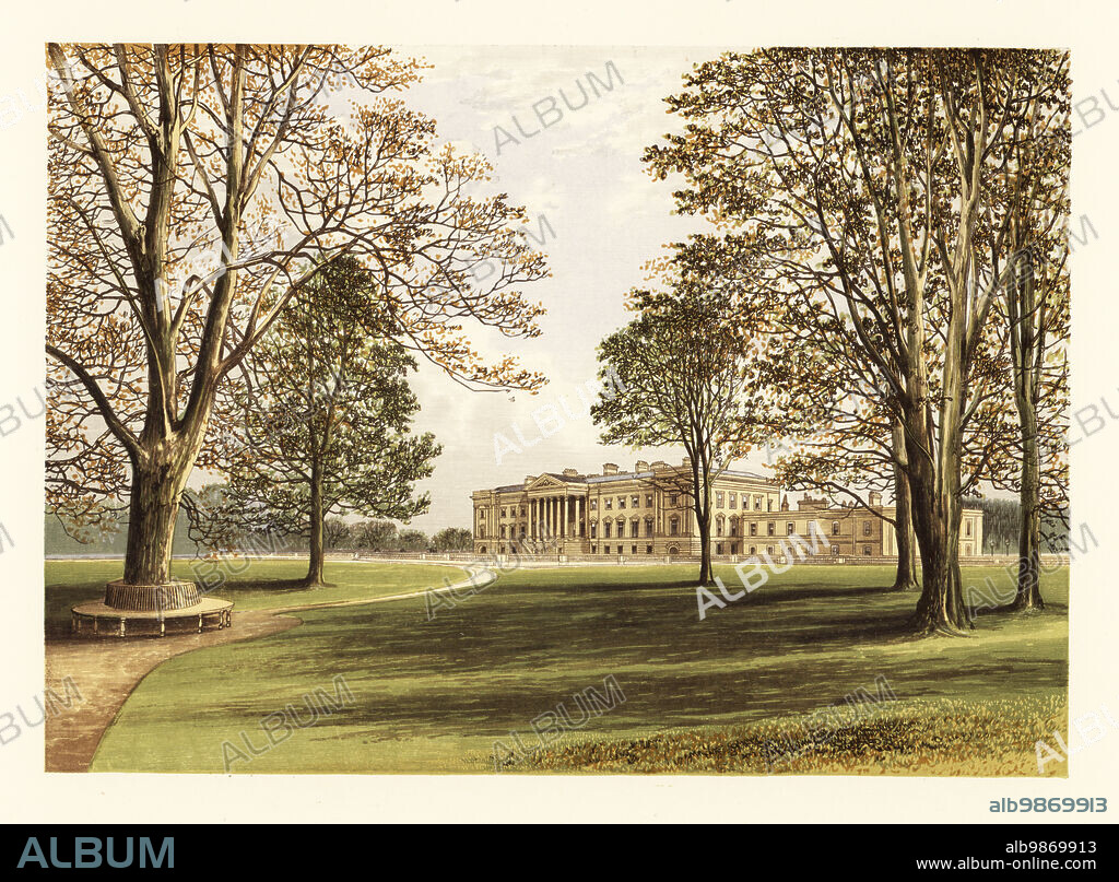 Hamilton Palace, Lanarkshire, Scotland. Neo-classical Palladian-style stately home with Corinthian pediment built by architect James Smith in 1695 for William Douglas-Hamilton, Duke of Hamilton, refurbished in the Regency era by David Hamilton from plans by WIlliam Adam. Colour woodblock by Benjamin Fawcett in the Baxter process of an illustration by Alexander Francis Lydon from Reverend Francis Orpen Morriss Picturesque Views of the Seats of Noblemen and Gentlemen of Great Britain and Ireland, William Mackenzie, London, 1880.