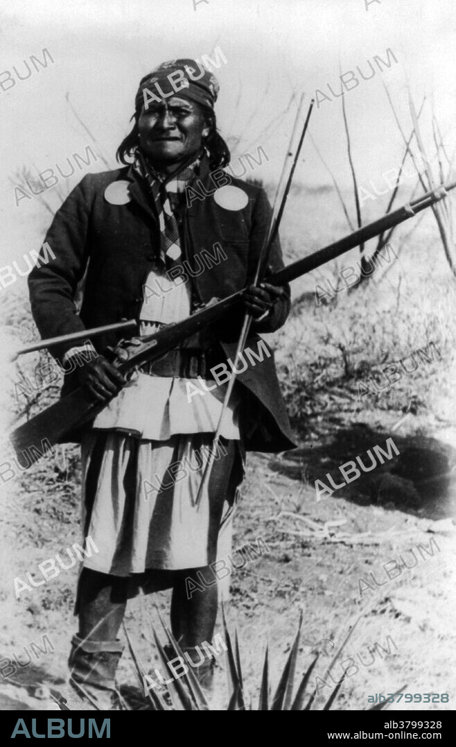 Geronimo, holding rifle, in his camp before surrender to General Crook, March 27, 1886. Geronimo "one who yawns" (June 16, 1829 - February 17, 1909) was a Native American leader of the Chiricahua Apache who fought against Mexico and the United States for their expansion into Apache tribal lands for several decades during the Apache Wars. He was notorious for consistently urging raids and war upon Mexican Provinces and their various towns, and later against American locations across Arizona, New Mexico, and western Texas. Geronimo surrendered to U.S. authorities in 1886 after a lengthy pursuit. As a prisoner of war in old age he became a celebrity and appeared in fairs, but was never allowed to return to the land of his birth. He died in 1909 from complications of pneumonia at Fort Sill, Oklahoma.