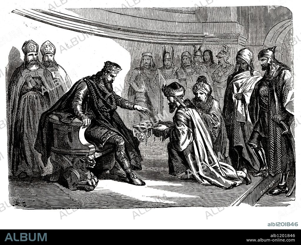 Carlomagno. Carlos I El Grande (742-814). Rey de los francos y Emperador de Occidente. Los embajadores turcos le ofrecen las llaves del Santo Sepulcro. Grabado de 1866.