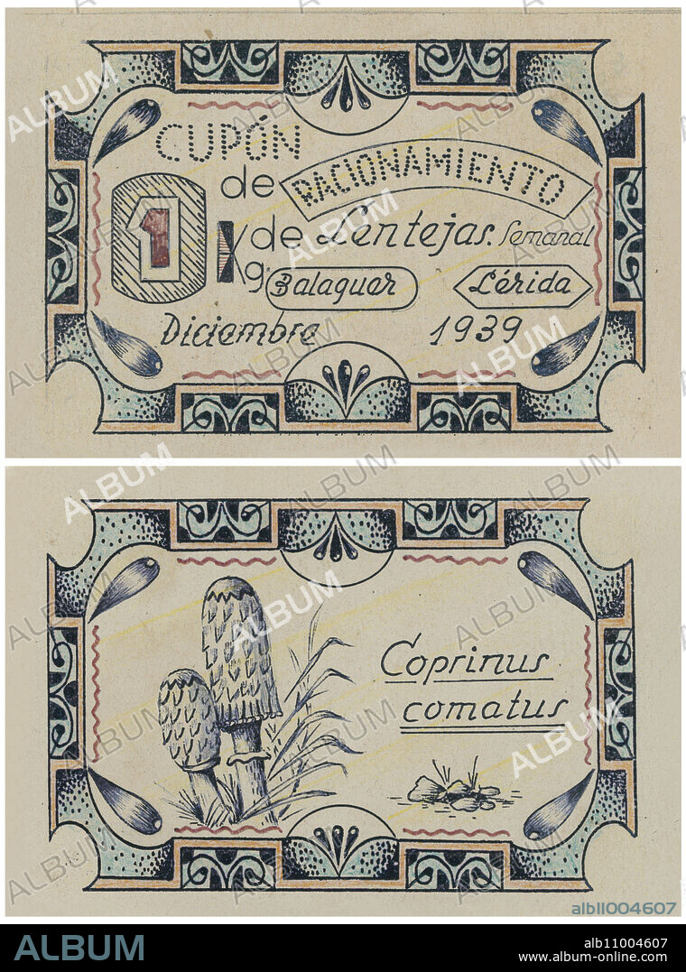 España. Cupón de racionamiento de un kilogramo de lentejas, expedido en Balaguer, diciembre de 1939. Reverso: Coprinus comatus, seta de tinta o seta de los nazis.
