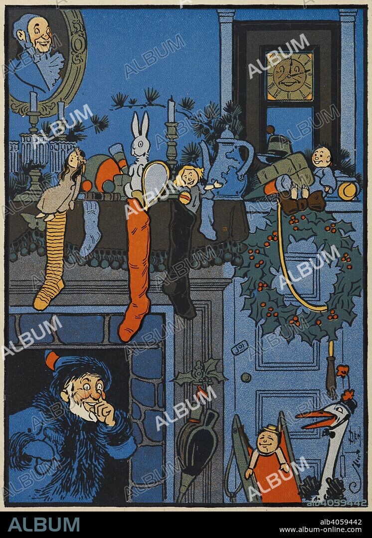 PERCY ALEXANDER LEASON and CLEMENT CLARKE MOORE. St. Nicholas emerging from a chimney into a house, on Christmas eve. [A visit from St. Nicholas.] Denslow's Night before Christmas ... Made into a book and illustrated by W. W. Denslow, etc. London : T. Fisher Unwin, 1902. Source: 12805.w.66. Language: English.