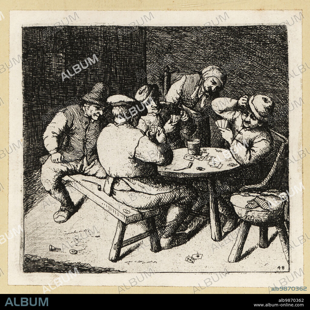 Dutch peasants playing a game of cards at a table in a tavern. Game of Cards. Copperplate engraving by David Deuchar after an original by Adriaen van Ostade from A Collection of Etchings after the most Eminent Masters of the Dutch and Flemish Schools, Edinburgh, 1803.