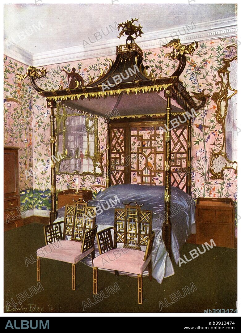 The Chippendale Chinese Bedroom, Badminton House, Gloucestershire, 1911-1912. A print from The Book of Decorative Furniture its Form, Colour and History, Volume II by Edwin Foley, TC and EC Jack Ltd, London, 1911-1912.