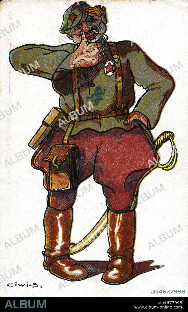 Caricature d'un bolchevique. Carte postale vers 1920. Illustration par Ciwi-S. Credit : IM/KHARBINE-TAPABOR.