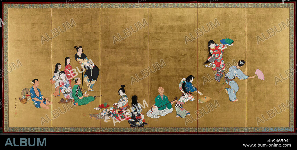 The Four Accomplishments left of a pair, second half 19th century, Shibata Zeshin, Japanese, 1807 - 1891, 60 1/8 × 140 5/8 in. (152.72 × 357.19 cm) (image), Ink, color, and gold leaf on paper, Japan, 19th century, This pair of screens shows fashionable youths in the pleasure quarters enjoying the so-called Four Elegant Accomplishments: music, the board game go, calligraphy, and painting. Music is represented by the women and blind elderly man in the left screen. A go board appears in the far right panel. Nearby, books, scrolls, and writing implementscollectively representing calligraphyhave been laid out for figures who surround a low black-lacquer desk. Some of them turn to admire a pair of folding-screen paintings depicting Chinese landscapes.