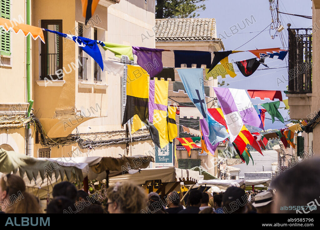 banners on the street, Capdepera Medieval Fair, Mercat Medieval, Capdepera, Mallorca, balearic islands, spain, europe.