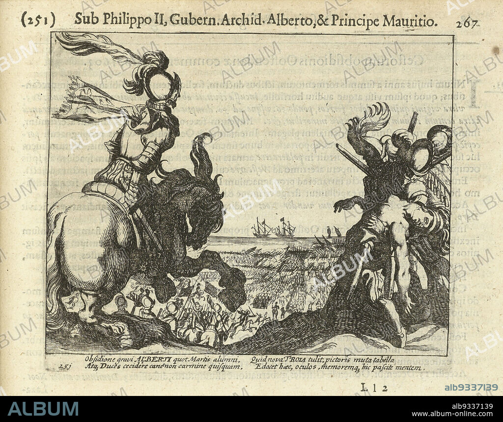 Siege of Ostend: fighting near the beach, 1601, Siege of Ostend, 1601. On the left a horseman, on the right a soldier with the naked body of a woman in his arms. With caption of 4 lines in Latin. Numbered: 251. Printed on reverse with text in Latin., print maker: Simon Frisius, publisher: Michiel Colijn, print maker: Northern Netherlands, publisher: Amsterdam, 1613 - 1615 and/or 1621 - 1622, paper, etching, height 133 mm × width 159 mm.