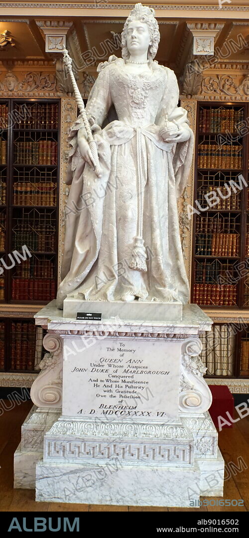 Marble statue of Queen Anne by Johannes Michel Rysbrack in the library at Blenheim Palace, Oxfordshire, England, is the principal residence of the Dukes of Marlborough. John Michael Rysbrack, (1694 - 1770), was an 18th-century Flemish sculptor.