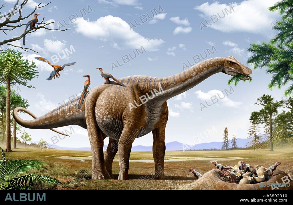 A Rapetosaurus is feeding from conifers leaf, with some Rahonavis on it's back and newborn Majungasaurus babies in their nest.