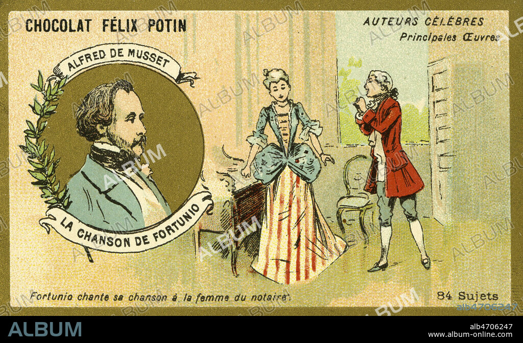 'Alfred de MUSSET (1810-1857), La chanson de Fortunio : Fortunio chante sa chanson a la femme du notaine'. Illustration anonyme pour une serie de chromo 'Auteurs celebres' vers 1900. Credit : Collection IM/KHARBINE-TAPABOR.