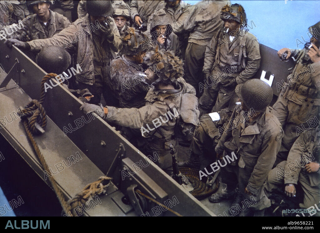 U.S. Soldiers aboard Landing Craft, Vehicle, Personnel (LCVP), approaching Omaha Beach, Normandy, France, June 7, 1944.