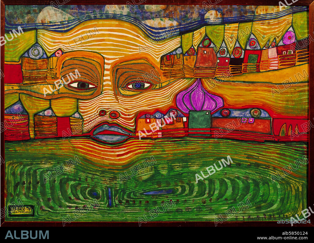 FRIEDRICH HUNDERTWASSER. Irinaland ueber dem Balkan-Irinaland over the Balkans. Mixed technique on aluminum foil (1966) 36.5 x 51 cm.