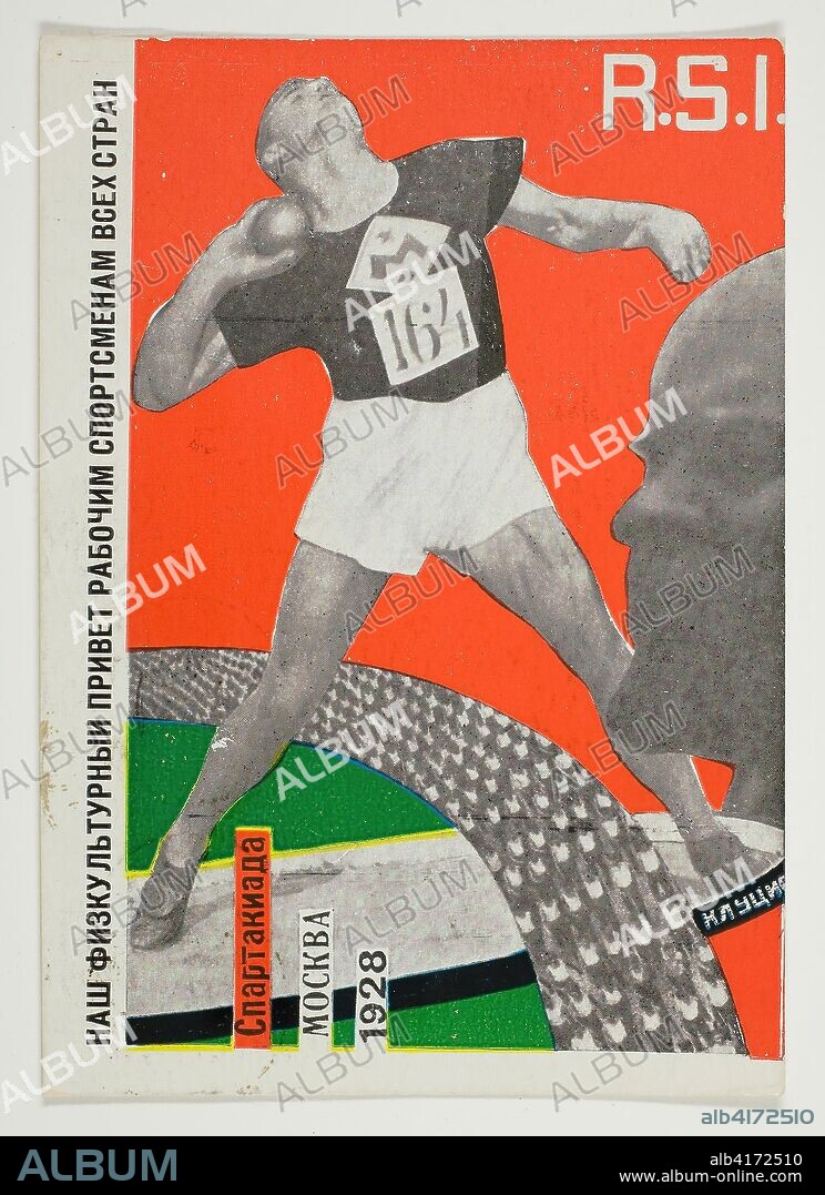GUSTAV G. KLUTSIS. Postcard Commemorating the Russian All-Union Spartakiada. Gustav Klutsis; Latvian, 1895-1938. Date: 1928. Dimensions: 148 x 105 mm (sheet). Color lithograph on off-white wove card. Origin: Latvia.
