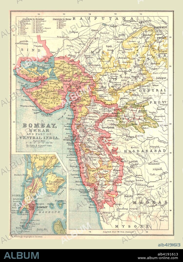 Map of Bombay, Berar, and part of Central India, 1902. From The Century Atlas of the World. [John Walker & Co, Ltd., London, 1902].