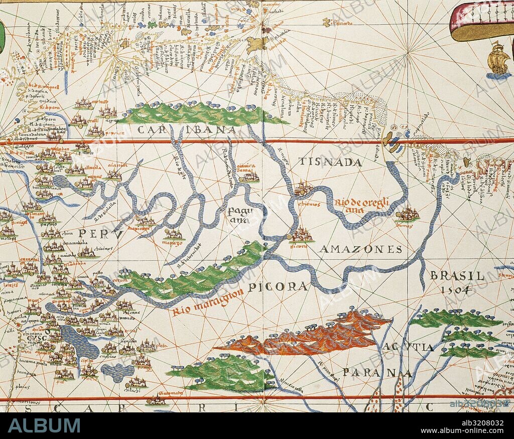 Mapa del río Amazonas con toda su cuenca y dos desembocaduras, según un mapa de época del explorador Francisco de Orellana (1540). ATLAS PORTULADO o Carta Náutica de Joan Martines, cartógrafo español, perteneciente a la Escuela Mallorquina. El manuscrito consta de diecinueve mapas a doble folio. Messina (Sicilia), 1587. Biblioteca Nacional, Madrid. España.