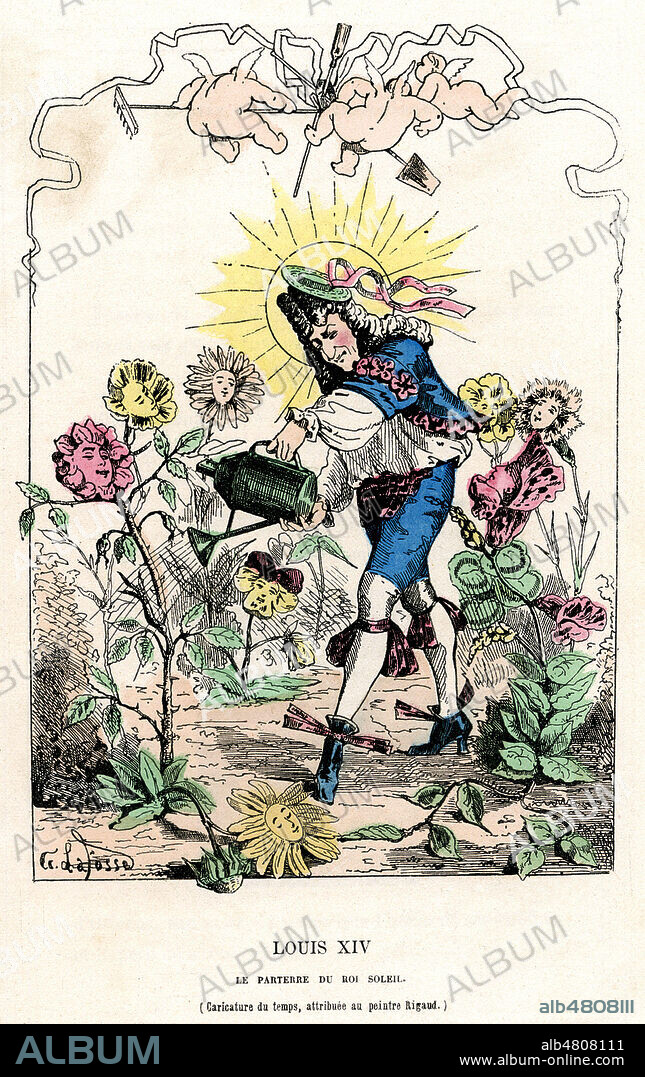 LOUIS XIV (1638-1715) Le parterre du Roi Soleil (Caricature du temps, attribuee au peintre Rigaud). Caricature de 1872 par Georges LAFOSSE (1844-1880) pour Histoire de France tintamarresque par TOUCHATOUT (1835-1911). Credit : Collection Kharbine-Tapabor.
